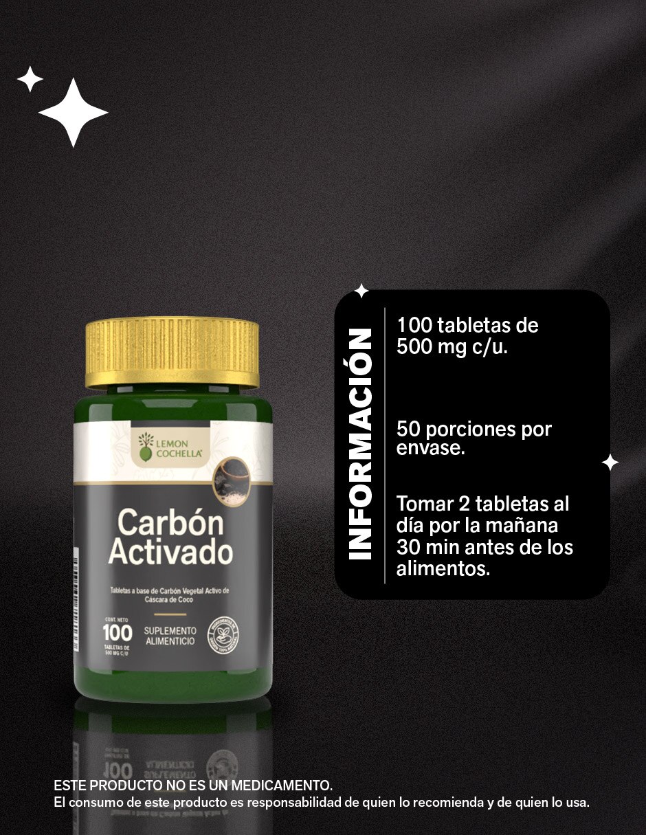 Carbón Activado Vegetal 100 tabletas LEMON COCHELLA con Carbón activado sabor Sin sabor de 7