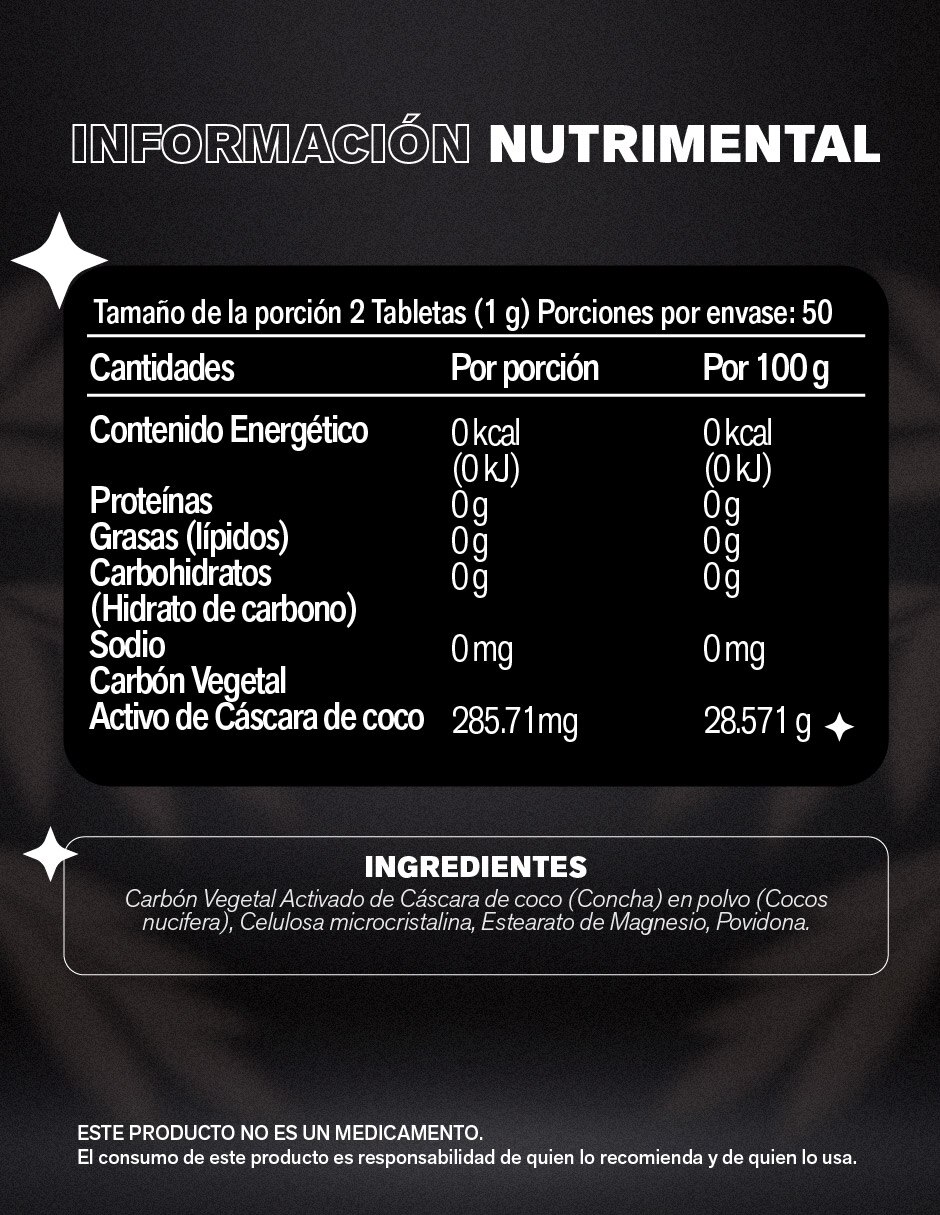 Carbón Activado Vegetal 100 tabletas LEMON COCHELLA con Carbón activado sabor Sin sabor de 8