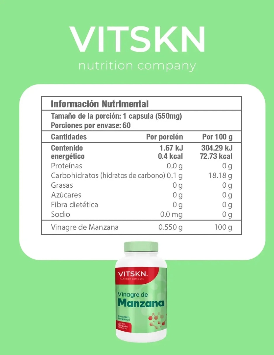 Vinagre De Manzana VitSkn 60 Cápsulas con Vinagre de Manzana sabor Sin sabor de 2