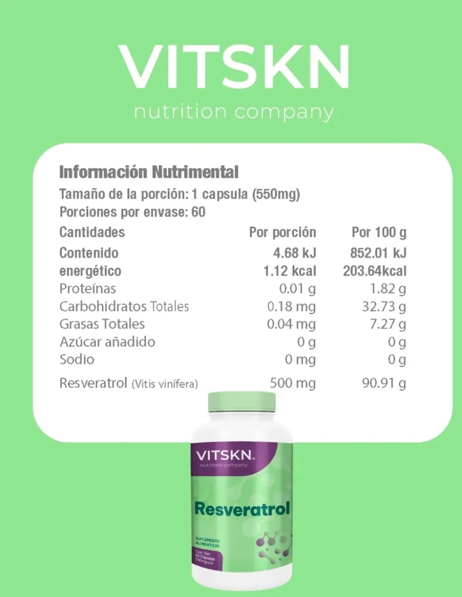 Resveratrol 60 Cápsulas VitSkn 550mg con Resveratrol sabor Sin sabor de 5