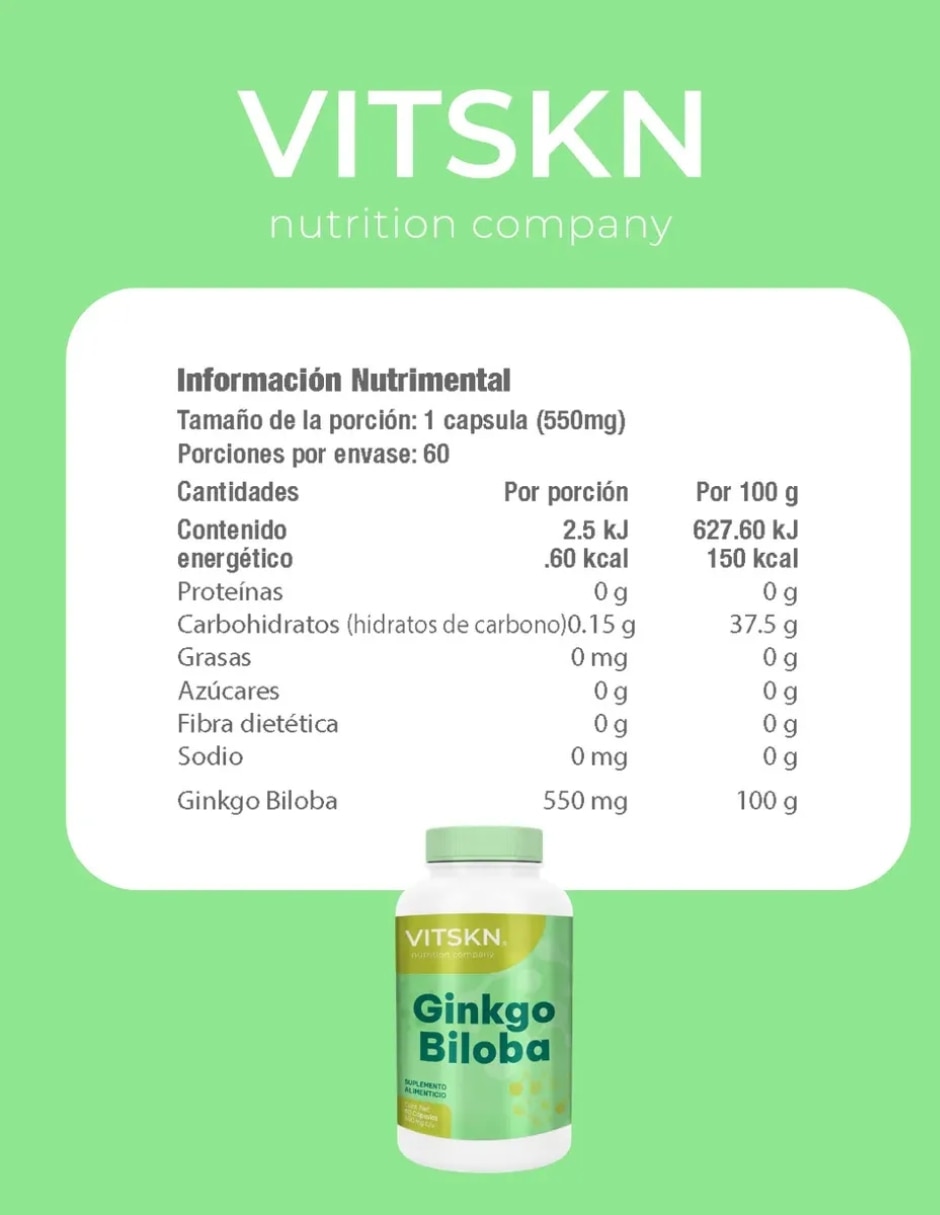 Ginkgo Biloba 60 Cápsulas VitSkn con Ginkgo Biloba sabor Sin sabor de 4
