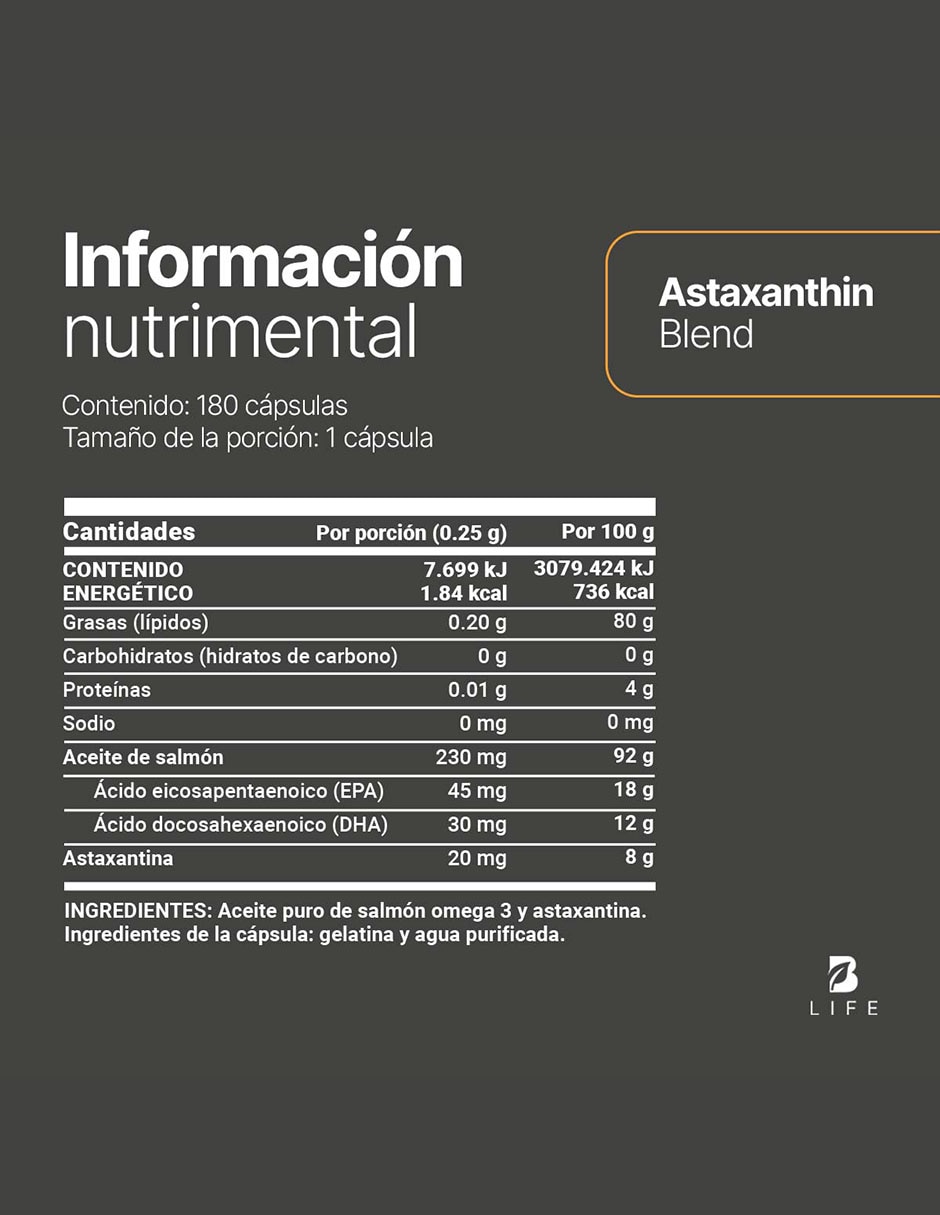 Astaxanthin Blend con Astaxantina y Aceite puro de Salmón de 180 cápsulas B LIFE con Astaxantina sabor Sin sabor de 6