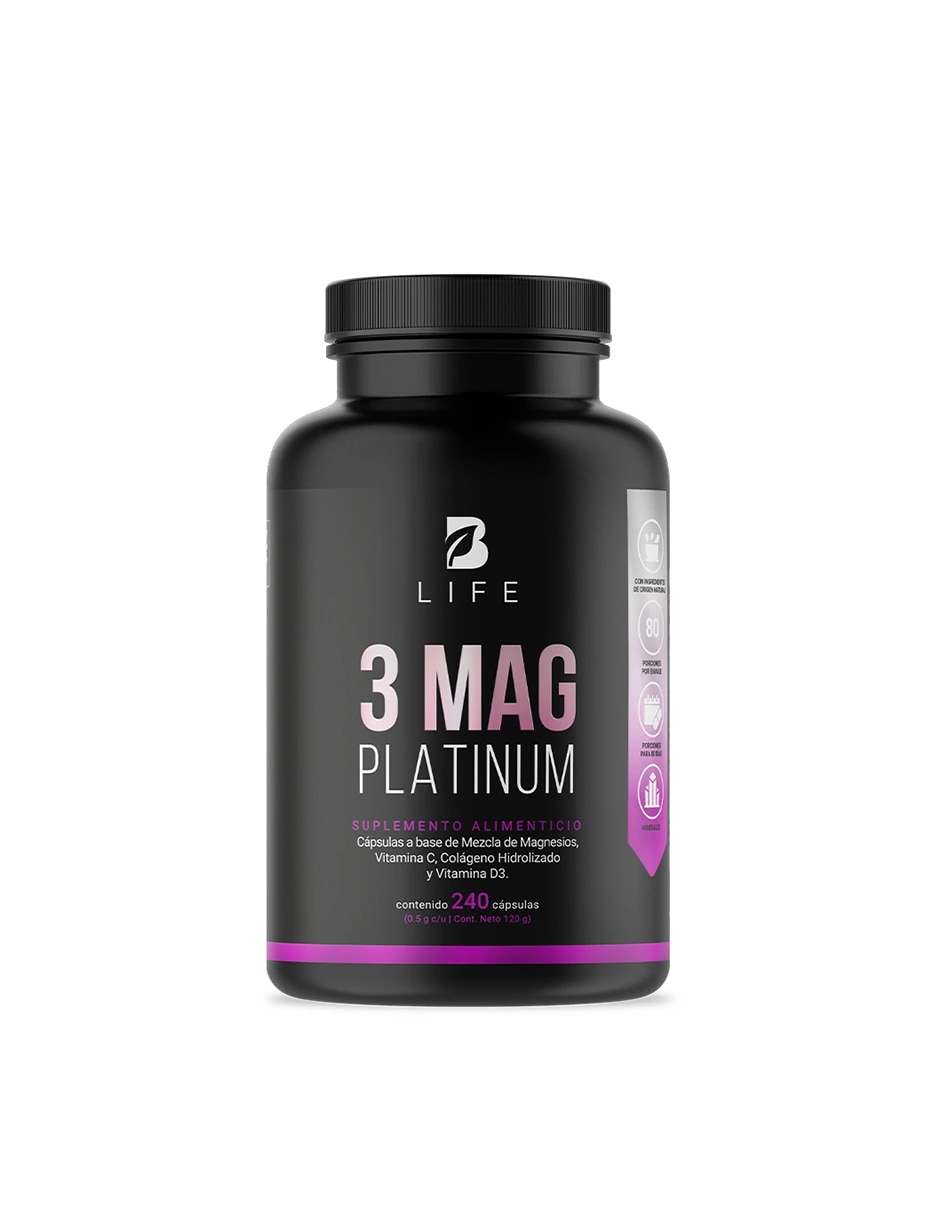 3 Mag Platinum con Mezcla de Magnesios Citrato Glicinato y Treonato de 240 cápsulas B LIFE con Magnesio sabor Sin sabor de 3 Mag Platinum con Mezcla de Magnesios Citrato Glicinato y Treonato de 240 cápsulas B LIFE con Magnesio sabor Sin sabor de