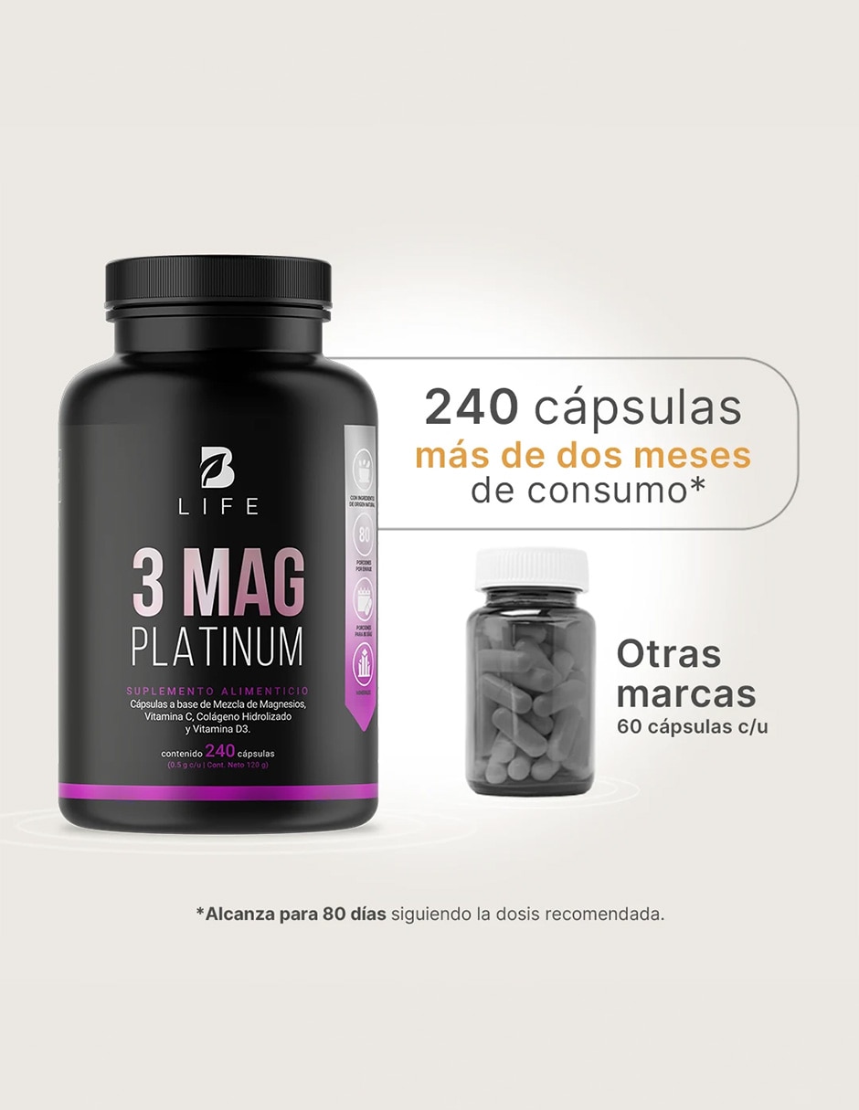 3 Mag Platinum con Mezcla de Magnesios Citrato Glicinato y Treonato de 240 cápsulas B LIFE con Magnesio sabor Sin sabor de 2