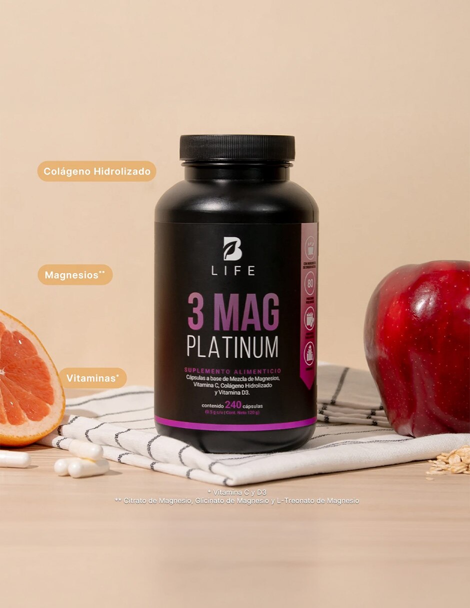 3 Mag Platinum con Mezcla de Magnesios Citrato Glicinato y Treonato de 240 cápsulas B LIFE con Magnesio sabor Sin sabor de 4
