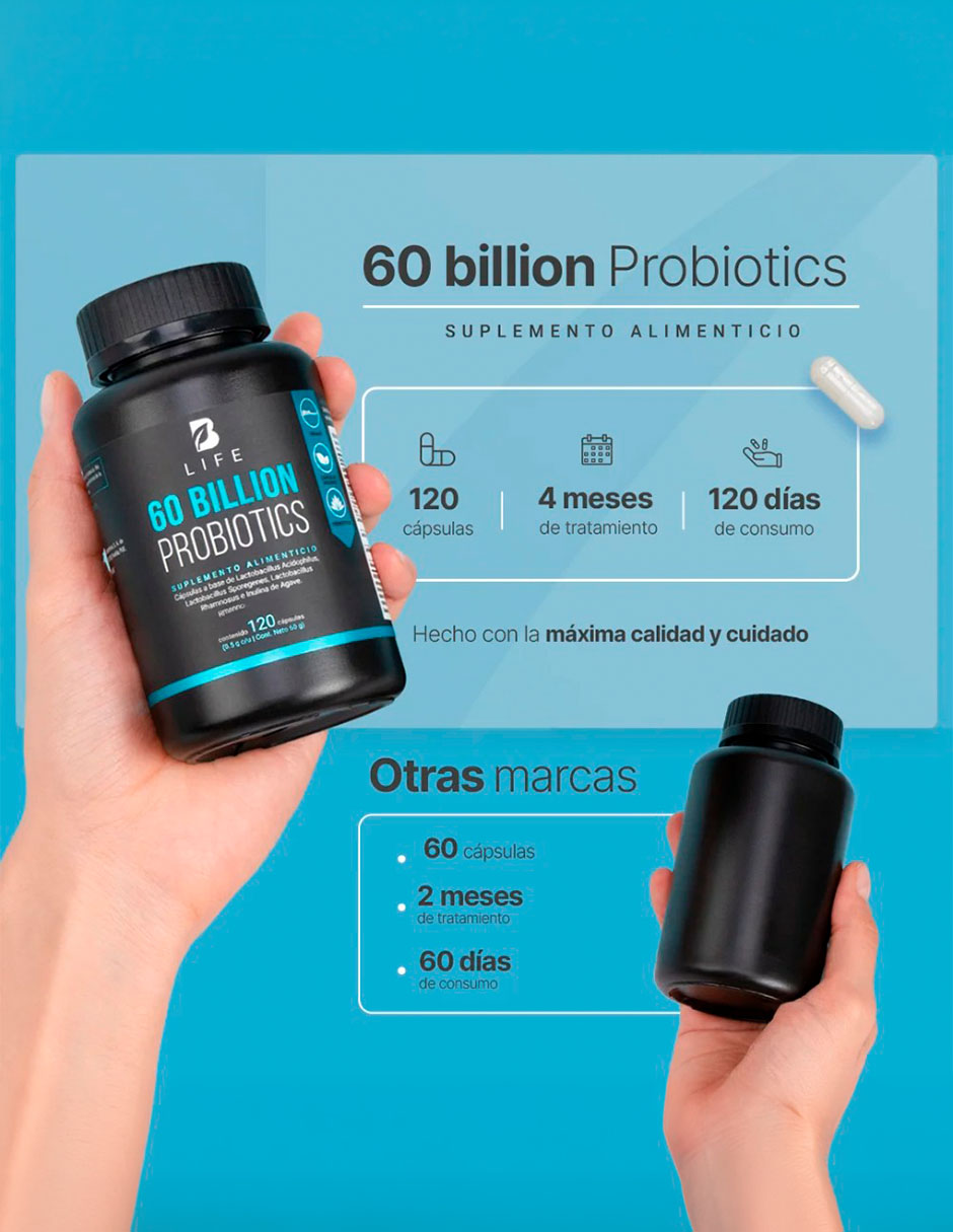 60 Billion Probiotics con 60 Billones de Probióticos e Inulina de Agave con 120 cápsulas B LIFE con Lactobacillus acidophilus Lactobacillus sporegenes Lactobacillus rhamnosus inulina de agave sabor Sin sabor de 3