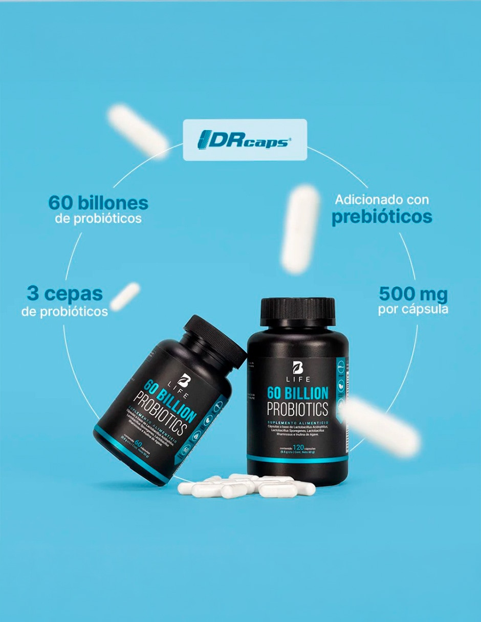 60 Billion Probiotics con 60 Billones de Probióticos e Inulina de Agave con 120 cápsulas B LIFE con Lactobacillus acidophilus Lactobacillus sporegenes Lactobacillus rhamnosus inulina de agave sabor Sin sabor de 5