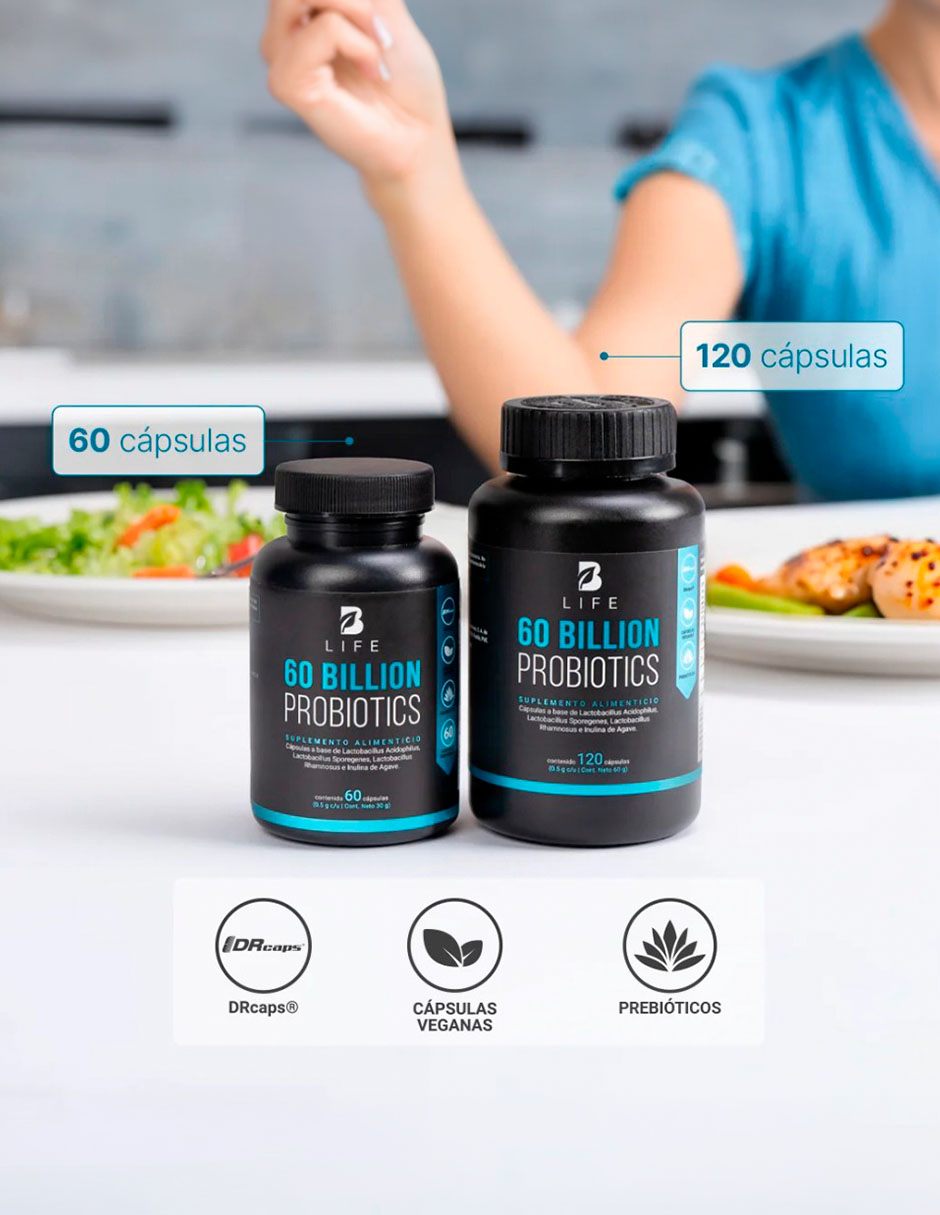 60 Billion Probiotics con 60 Billones de Probióticos e Inulina de Agave con 120 cápsulas B LIFE con Lactobacillus acidophilus Lactobacillus sporegenes Lactobacillus rhamnosus inulina de agave sabor Sin sabor de 6