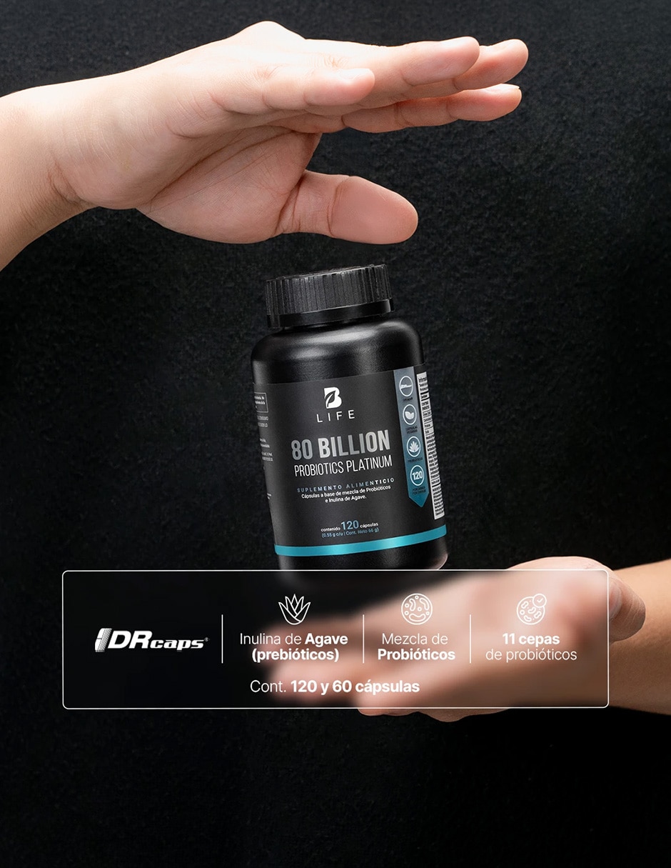 80 Billion Probiotics con 80 Billones de Probióticos y 11 cepas de 120 cápsulas B LIFE con Lactobacillus acidophilus Lactobacillus sporegenes Lactobacillus rhamnosus inulina de agave sabor Sin sabor de 5