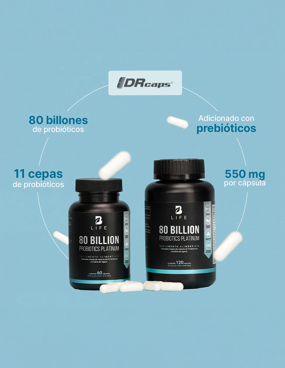 80 Billion Probiotics con 80 Billones de Probióticos y 11 cepas de 120 cápsulas B LIFE con Lactobacillus acidophilus Lactobacillus sporegenes Lactobacillus rhamnosus inulina de agave sabor Sin sabor de 6