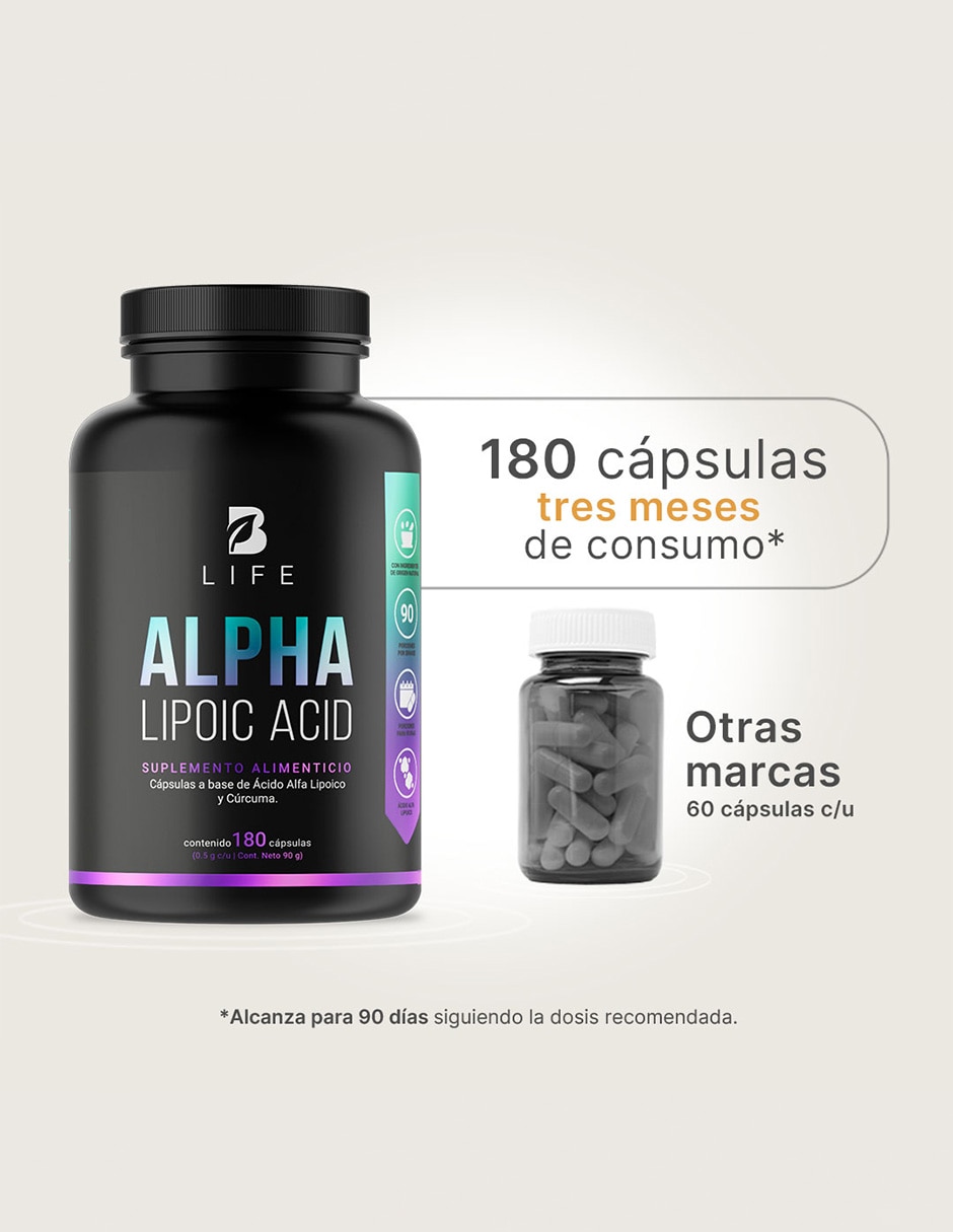 Alpha Lipoic Acid con Ácido Alfa lipoico Potenciado con Cúrcuma de 180 cápsulas B LIFE con Ácido Alfa Lipoico sabor Sin sabor de 3