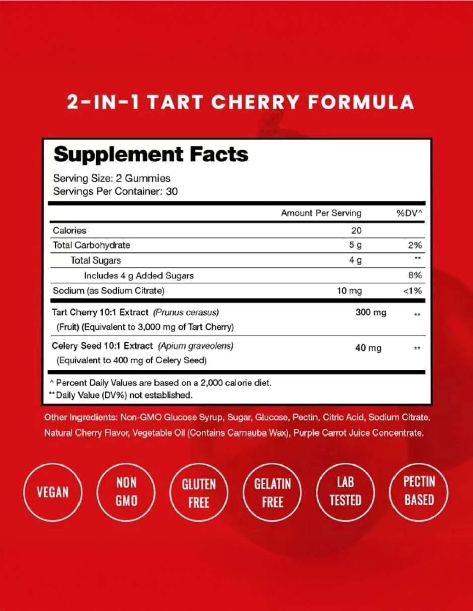 NutraChamps Tart Cherry Bienestar Antioxidante 60 Gomitas con Semilla de apio sabor Cereza de 3
