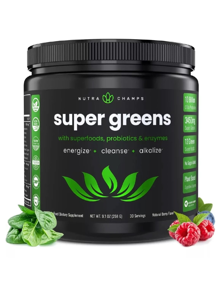 NutraChamps Super Greens Bienestar Digestivo Berry 258 g con Probióticos sabor Berry de NutraChamps Super Greens Bienestar Digestivo Berry 258 g con Probióticos sabor Berry de