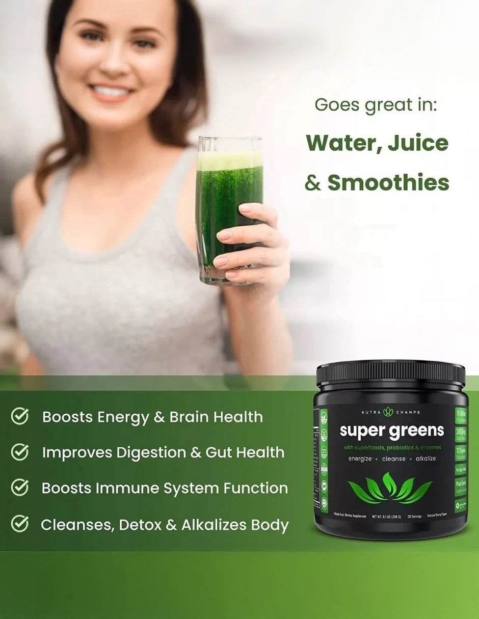 NutraChamps Super Greens Bienestar Digestivo Berry 258 g con Probióticos sabor Berry de 2