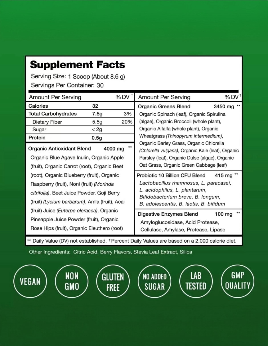 NutraChamps Super Greens Bienestar Digestivo Berry 258 g con Probióticos sabor Berry de 3