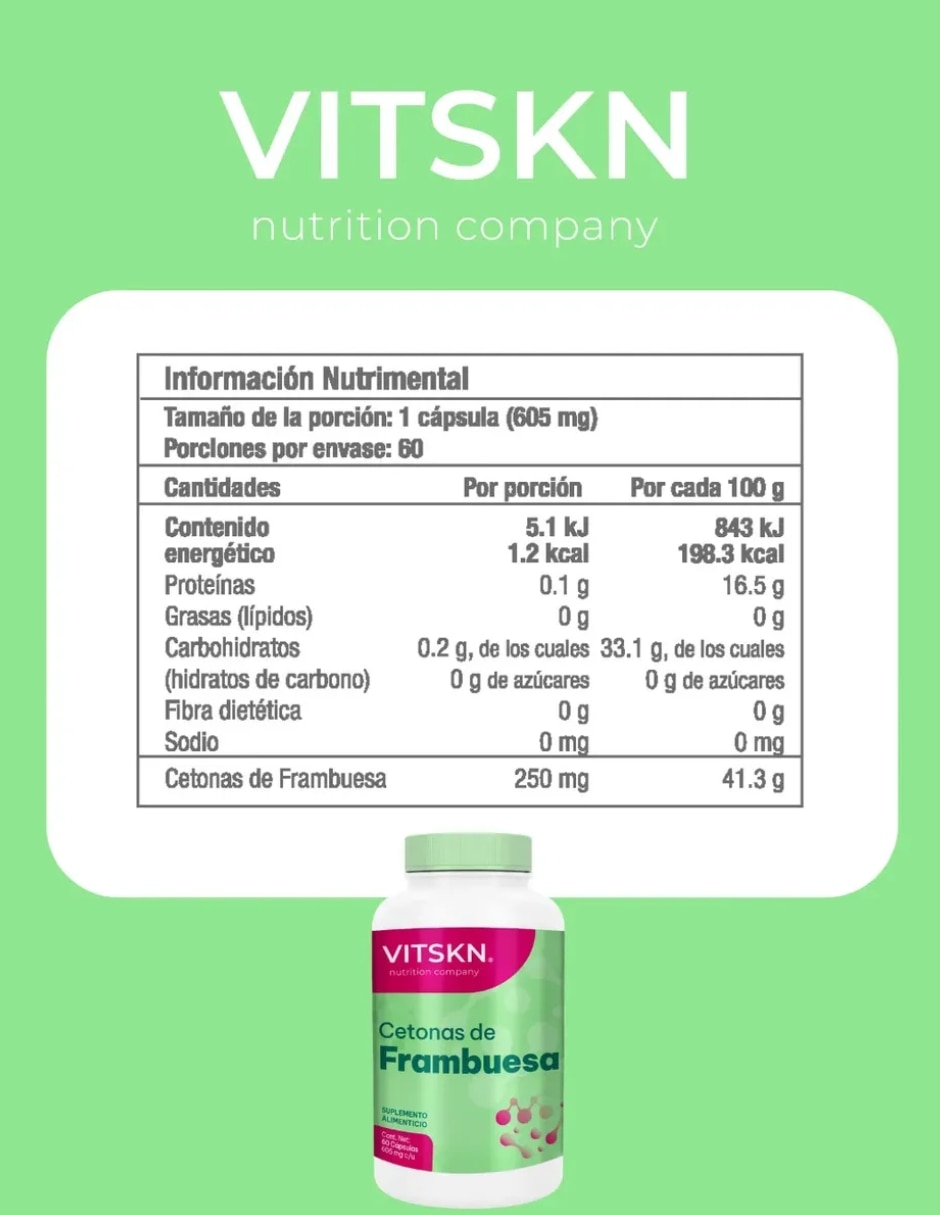 Cetonas De Frambuesa VitSkn 60 Cápsulas Súper Premium Sabor Sin Sabor con Cetonas de Frambuesa sabor Sin sabor de 4