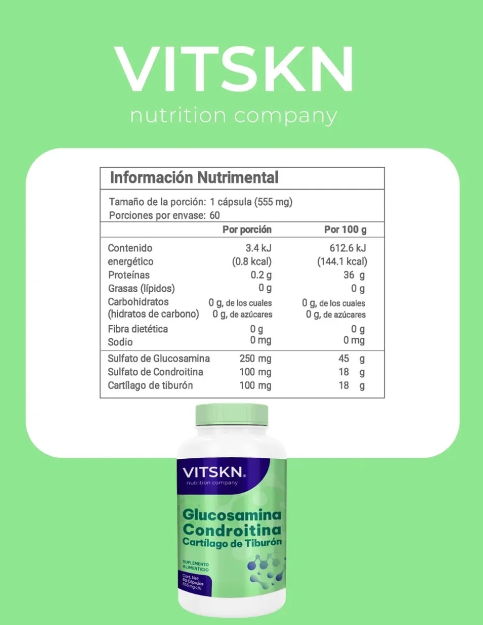 Glucosamina Condroitina Cartílago Tiburón 60 Cápsulas VitSkn Sin Sabor con Glucosamina y condroitina sabor Sin sabor de 4