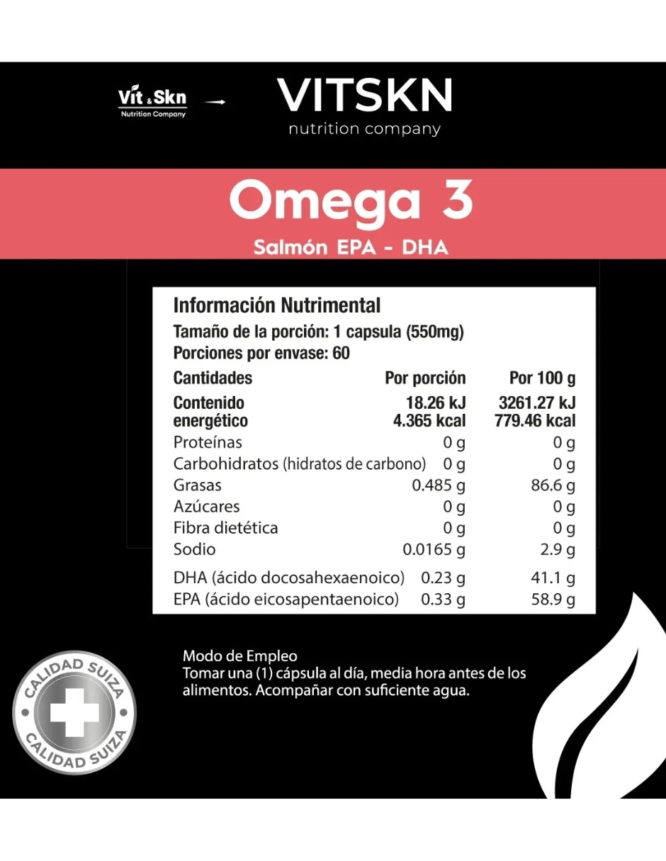 Omega 3 VitSkn Salmon EPA DHA 60 Capsulas Sin Sabor con Omega 3 con EPA y DHA sabor Sin sabor de 3