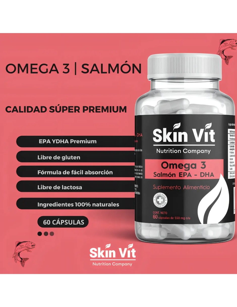 Omega 3 VitSkn Salmon EPA DHA 60 Capsulas Sin Sabor con Omega 3 con EPA y DHA sabor Sin sabor de 5