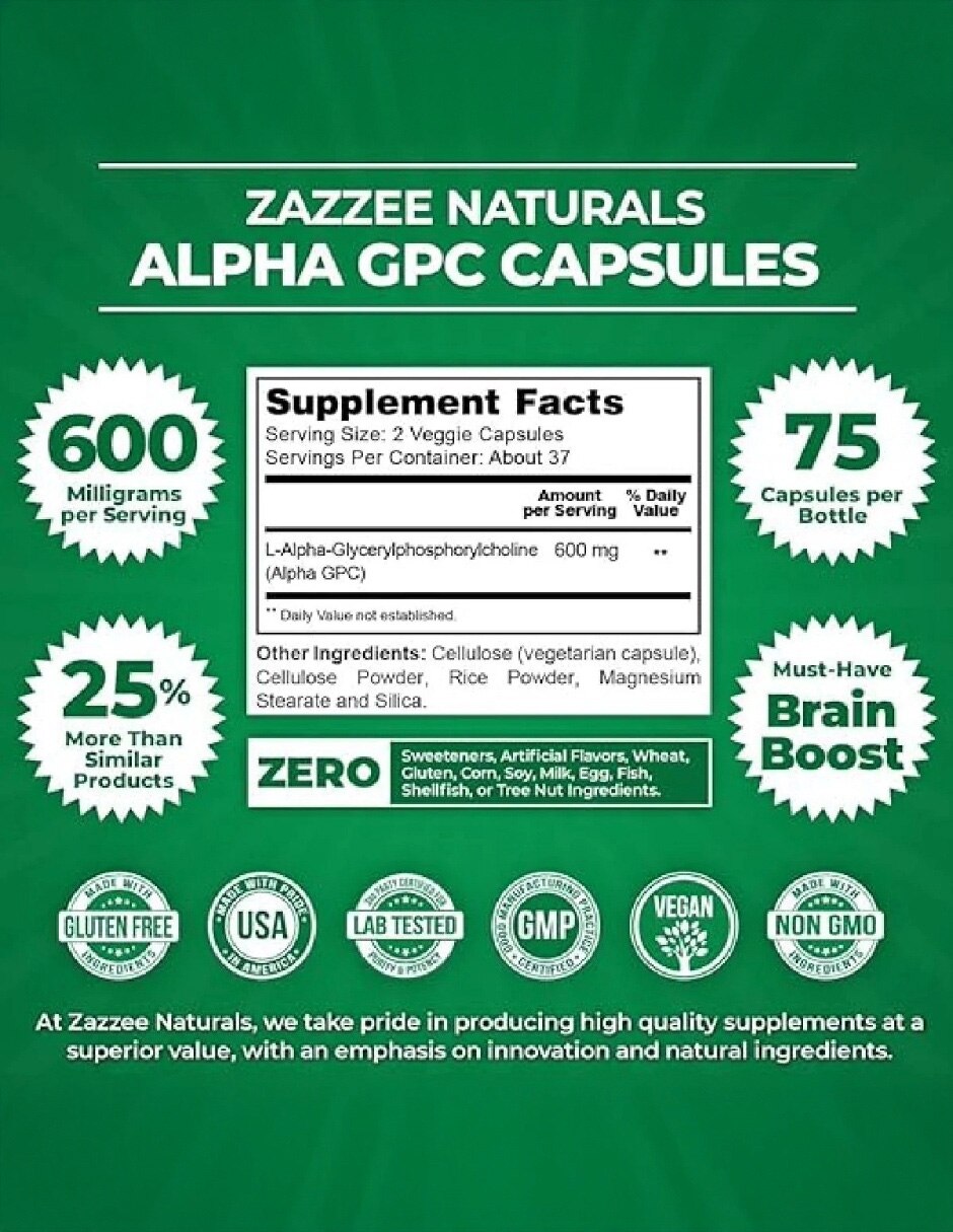 Alpha GPC 600 mg Bienestar Mental Zazzee con Alfa-Gpc 2