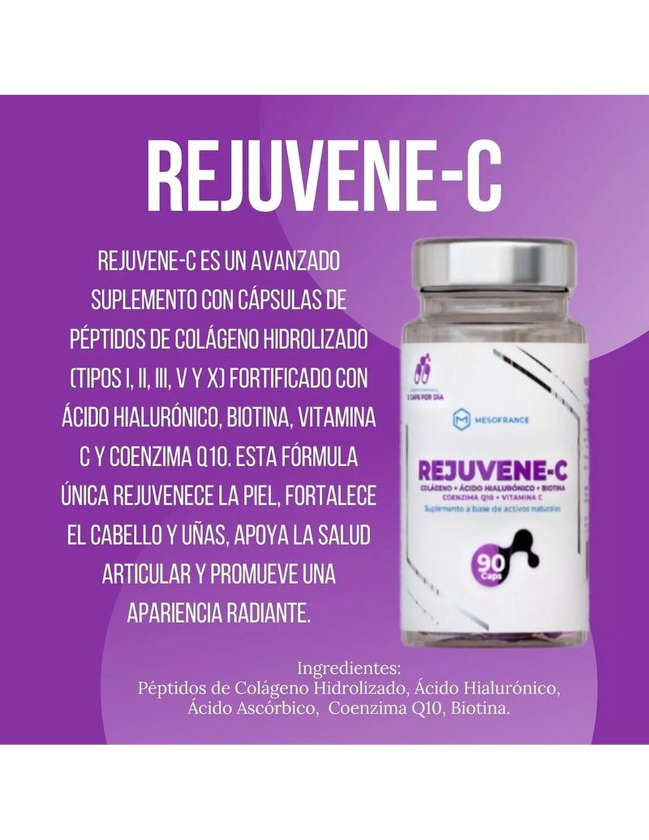 Rejuvene-c Colageno A. Hialuronico Biotina 90 Cap MESOFRANCE con Colageno Hidrolizado tipo II Ácido Hialurónico y Biotina sabor Sin sabor de 3