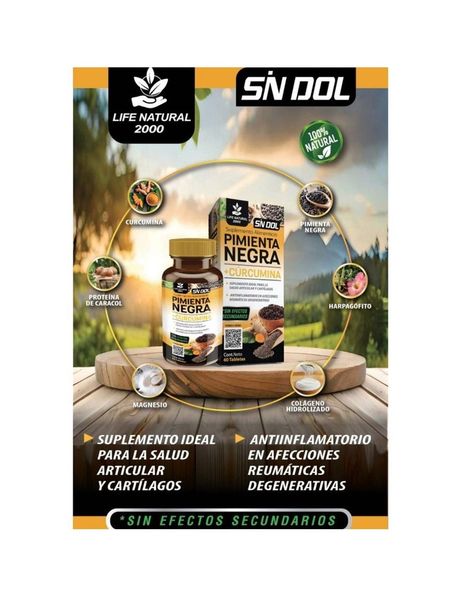 Suplemento Pimienta Negra Curcumina SN DOL Natural 60 Tabletas con Curcumina y Pimienta sabor Sin sabor de 2