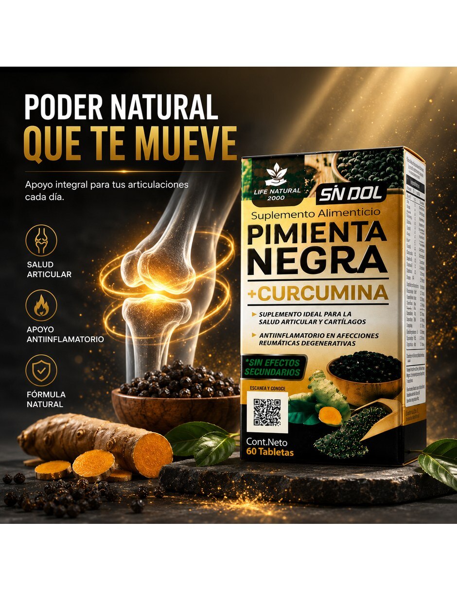 Suplemento Pimienta Negra Curcumina SN DOL Natural 60 Tabletas con Curcumina y Pimienta sabor Sin sabor de 4