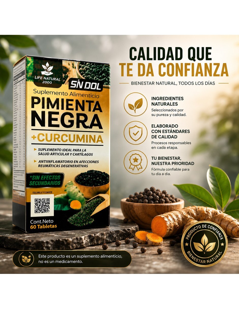 Suplemento Pimienta Negra Curcumina SN DOL Natural 60 Tabletas con Curcumina y Pimienta sabor Sin sabor de 5