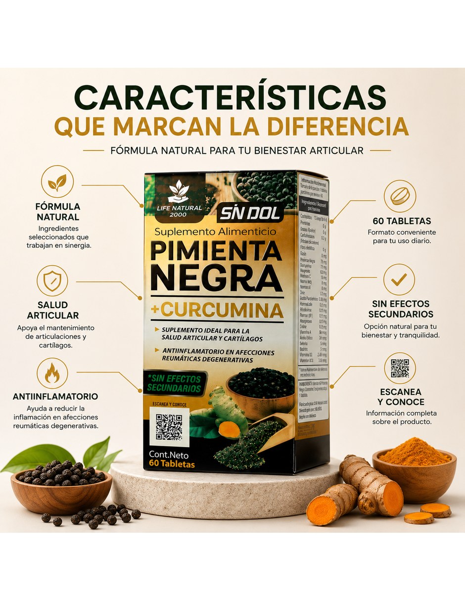 Suplemento Pimienta Negra Curcumina SN DOL Natural 60 Tabletas con Curcumina y Pimienta sabor Sin sabor de 6