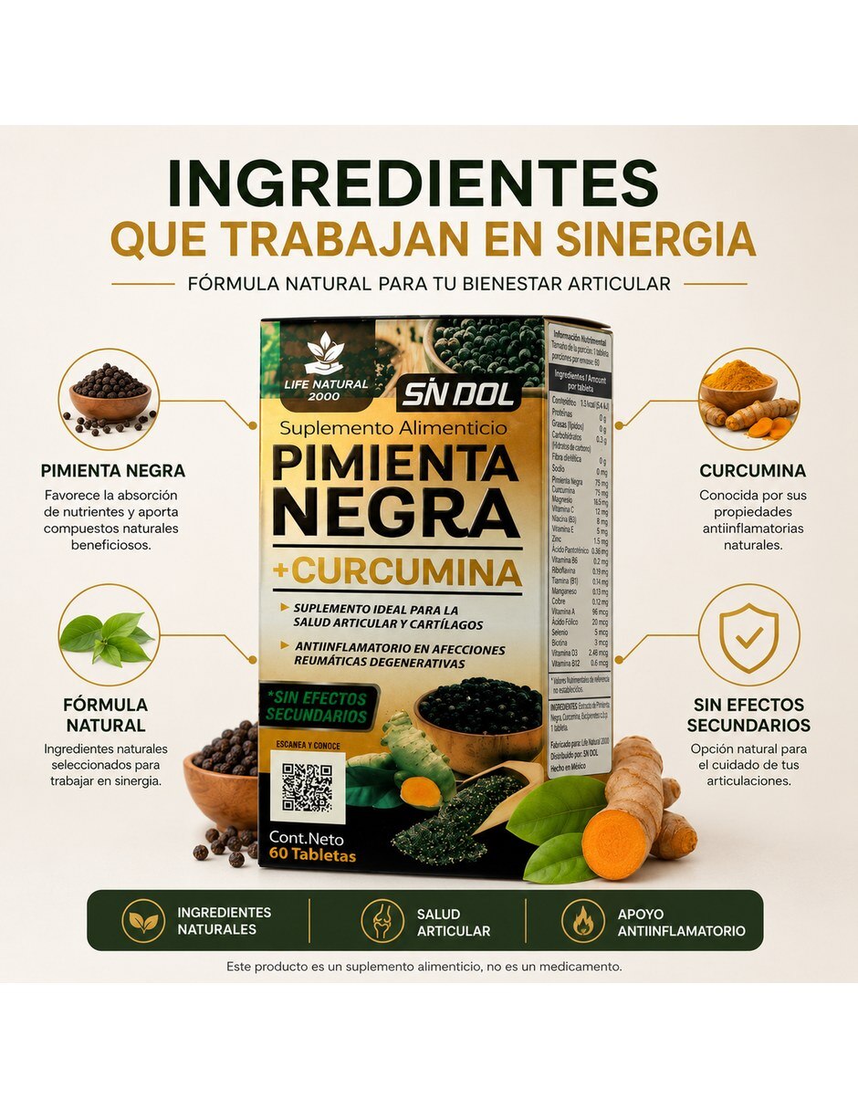 Suplemento Pimienta Negra Curcumina SN DOL Natural 60 Tabletas con Curcumina y Pimienta sabor Sin sabor de 8