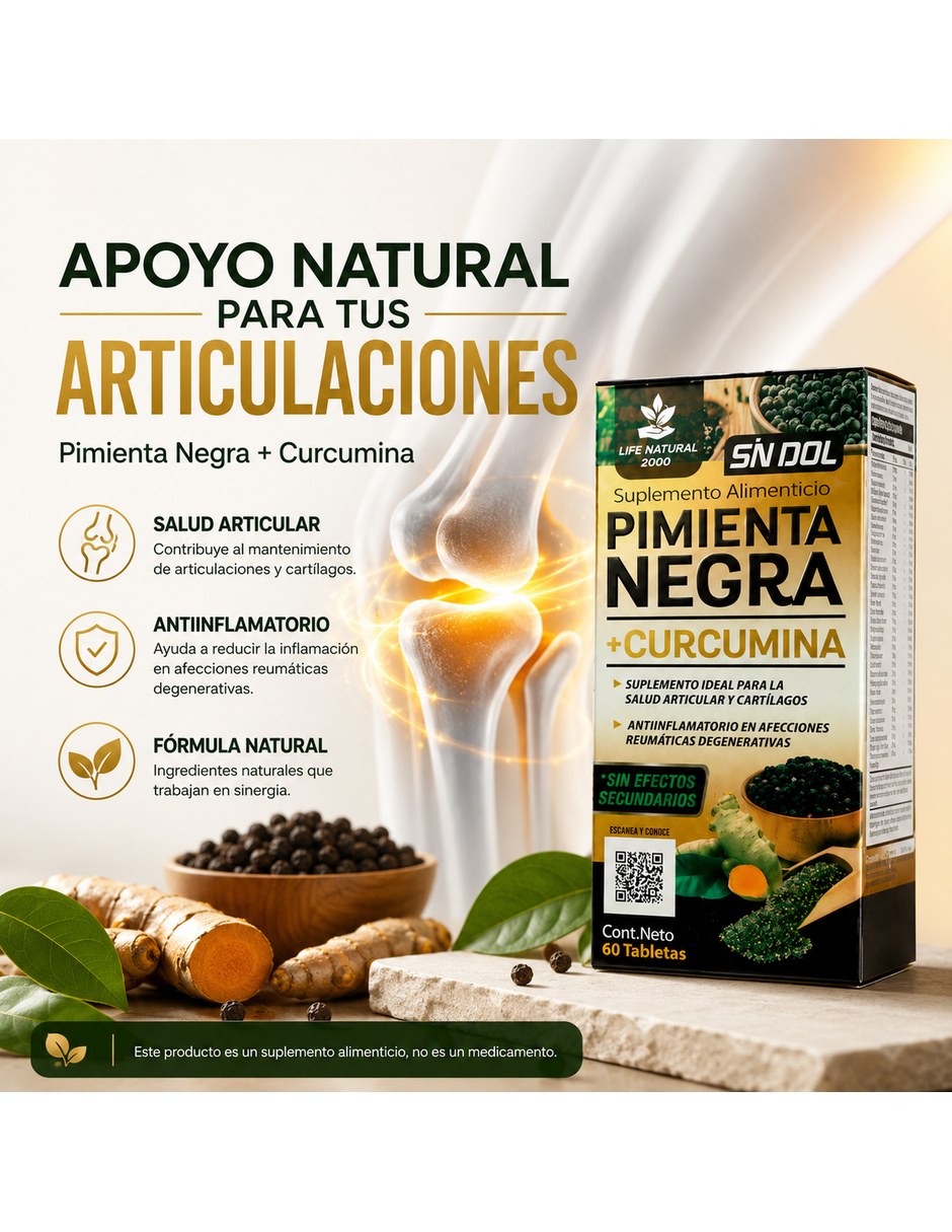 Suplemento Pimienta Negra Curcumina SN DOL Natural 60 Tabletas con Curcumina y Pimienta sabor Sin sabor de 9