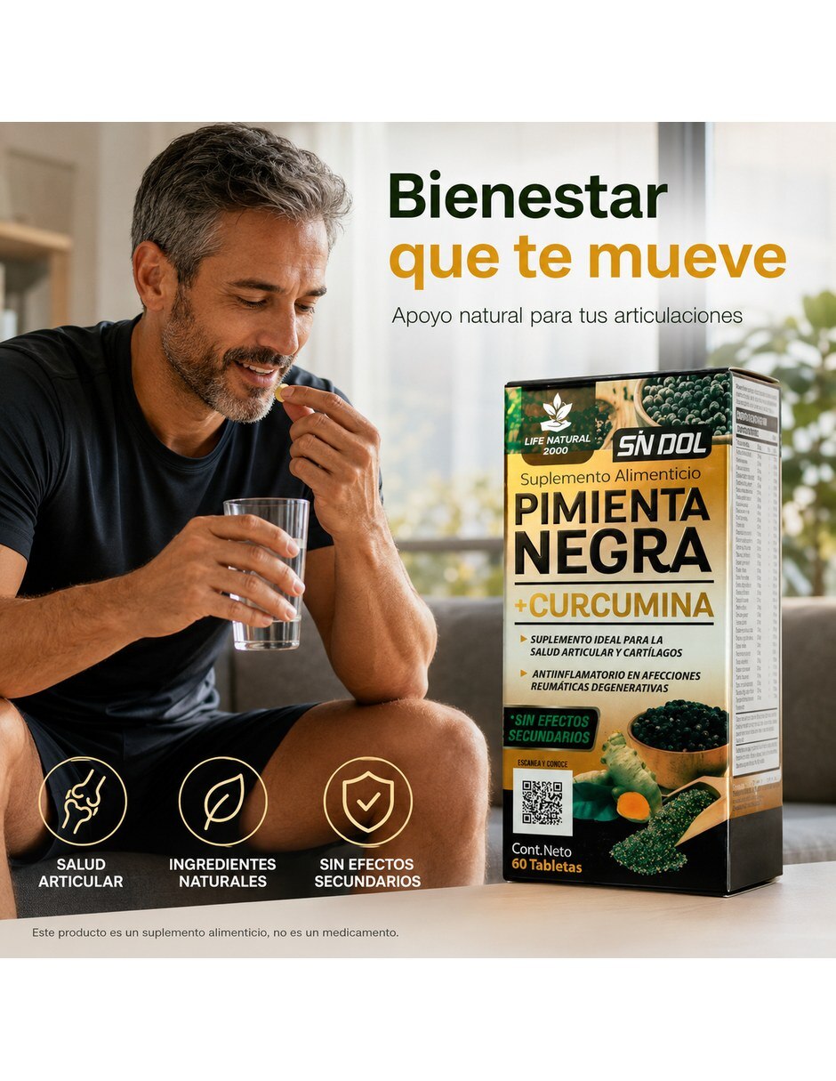 Suplemento Pimienta Negra Curcumina SN DOL Natural 60 Tabletas con Curcumina y Pimienta sabor Sin sabor de 10