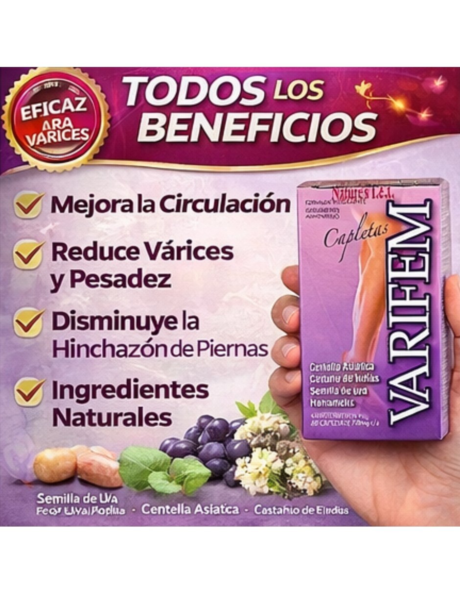 Varifem Suplemento Nutricional Semilla Uva Asiatica Varices con Extracto de semilla de uva sabor Sin sabor de 6