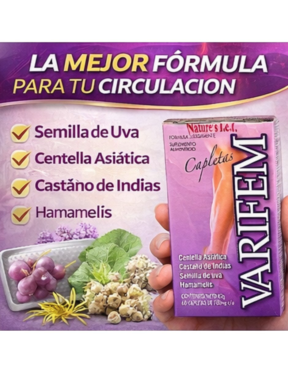 Varifem Suplemento Nutricional Semilla Uva Asiatica Varices con Extracto de semilla de uva sabor Sin sabor de 8