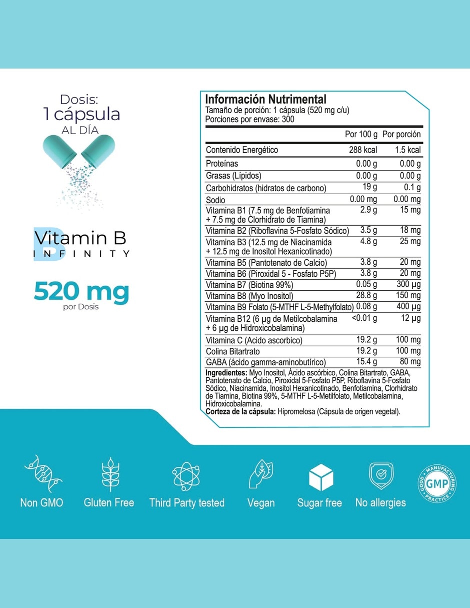 Complejo B Elevado con Vitaminas B1 B2 B3 B5 B6 B7 B9 y B12 vitamina C colina GABA myo-inositol de 300 cápsulas
