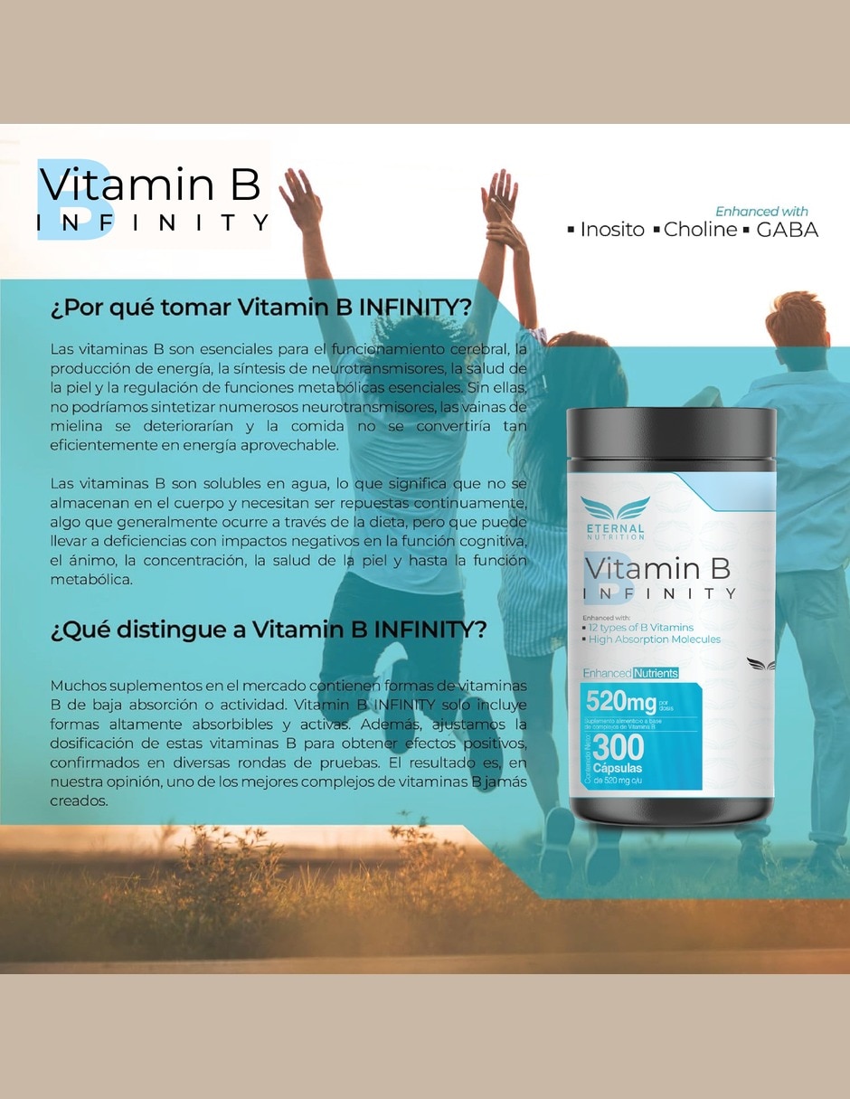 Complejo B Elevado con Vitaminas B1 B2 B3 B5 B6 B7 B9 y B12 vitamina C colina GABA myo-inositol de 300 cápsulas 8