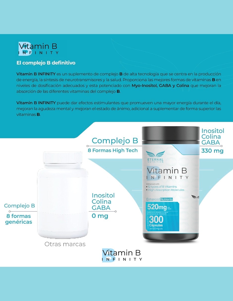 Complejo B Elevado con Vitaminas B1 B2 B3 B5 B6 B7 B9 y B12 vitamina C colina GABA myo-inositol de 300 cápsulas 9