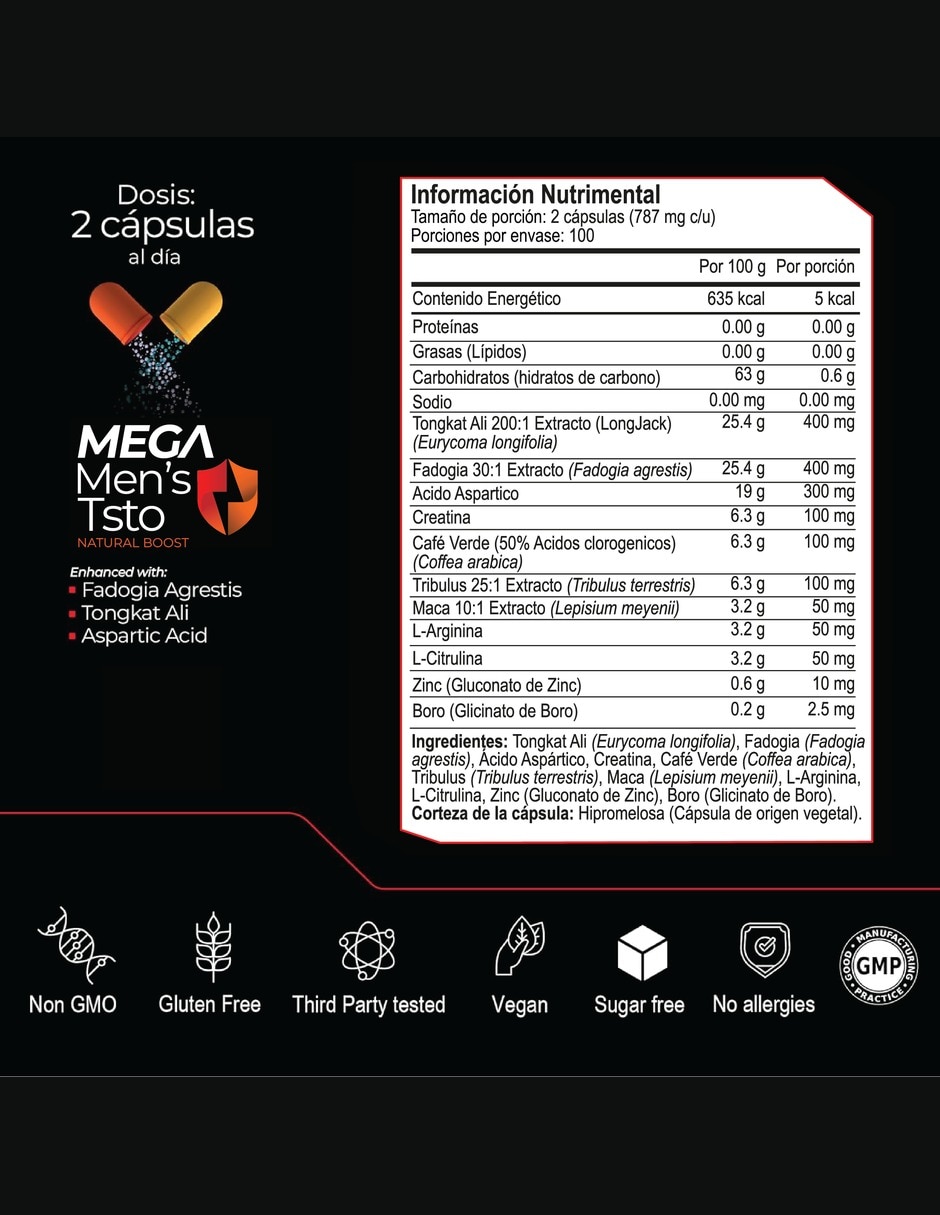 Mega Men's Testo con Tongkat Ali 1 Fuerza y Energía con Tribulus tongkat ali y maca