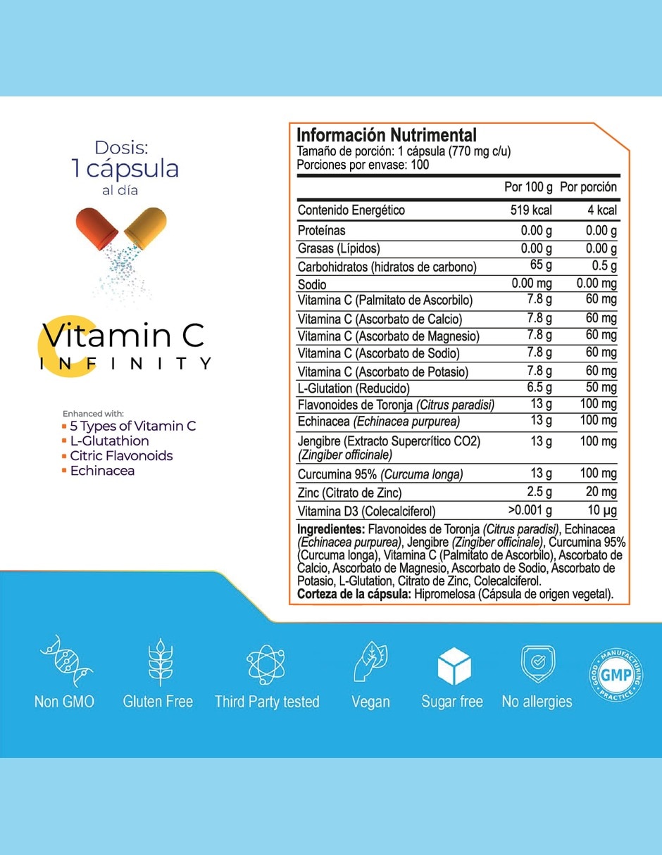 Vitamina C con L-Glutatión zinc y vitamina D3 Antioxidante bioflavonoides cítricos equinácea jengibre curcumina