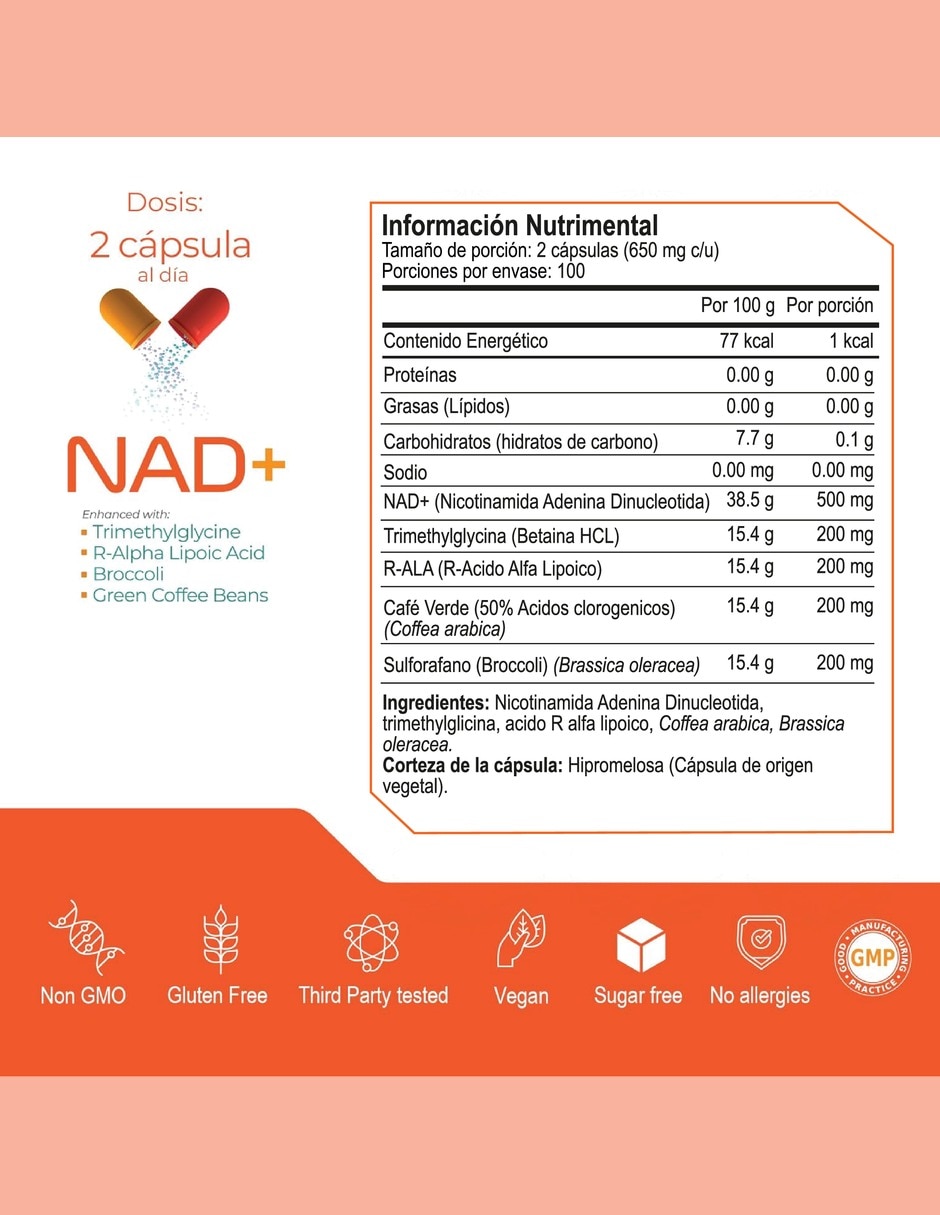 NAD+ Puro con TMG ácido R-alfa lipoico café verde y sulforafano de 200 cápsulas