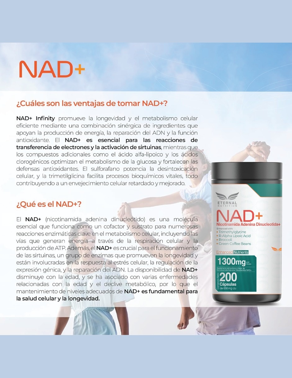 NAD+ Puro con TMG ácido R-alfa lipoico café verde y sulforafano de 200 cápsulas 8