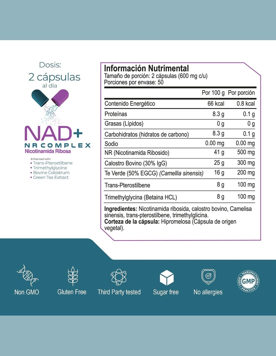 NAD+ NR Complex con calostro bovino té verde trans-pterostilbeno de 100 cápsulas