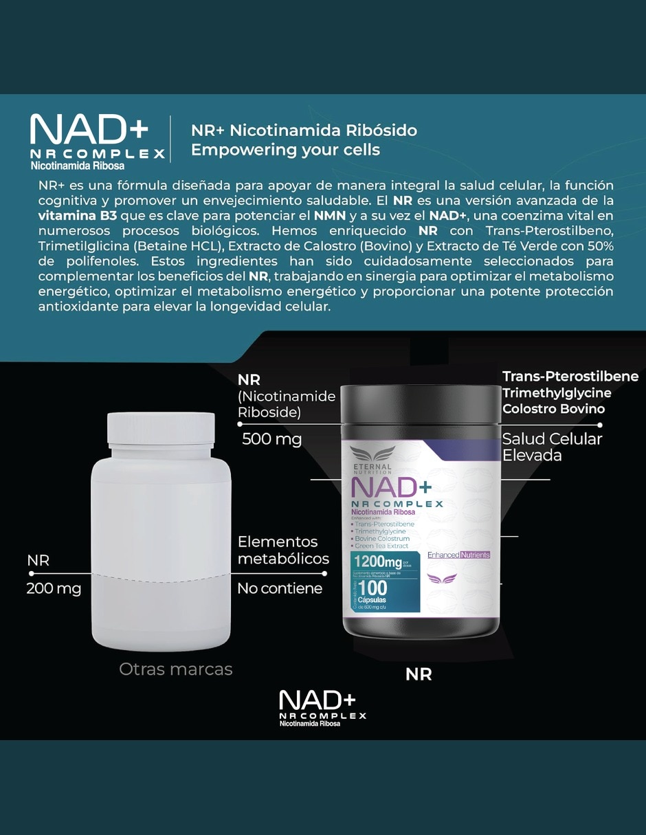 NAD+ NR Complex con calostro bovino té verde trans-pterostilbeno de 100 cápsulas 7