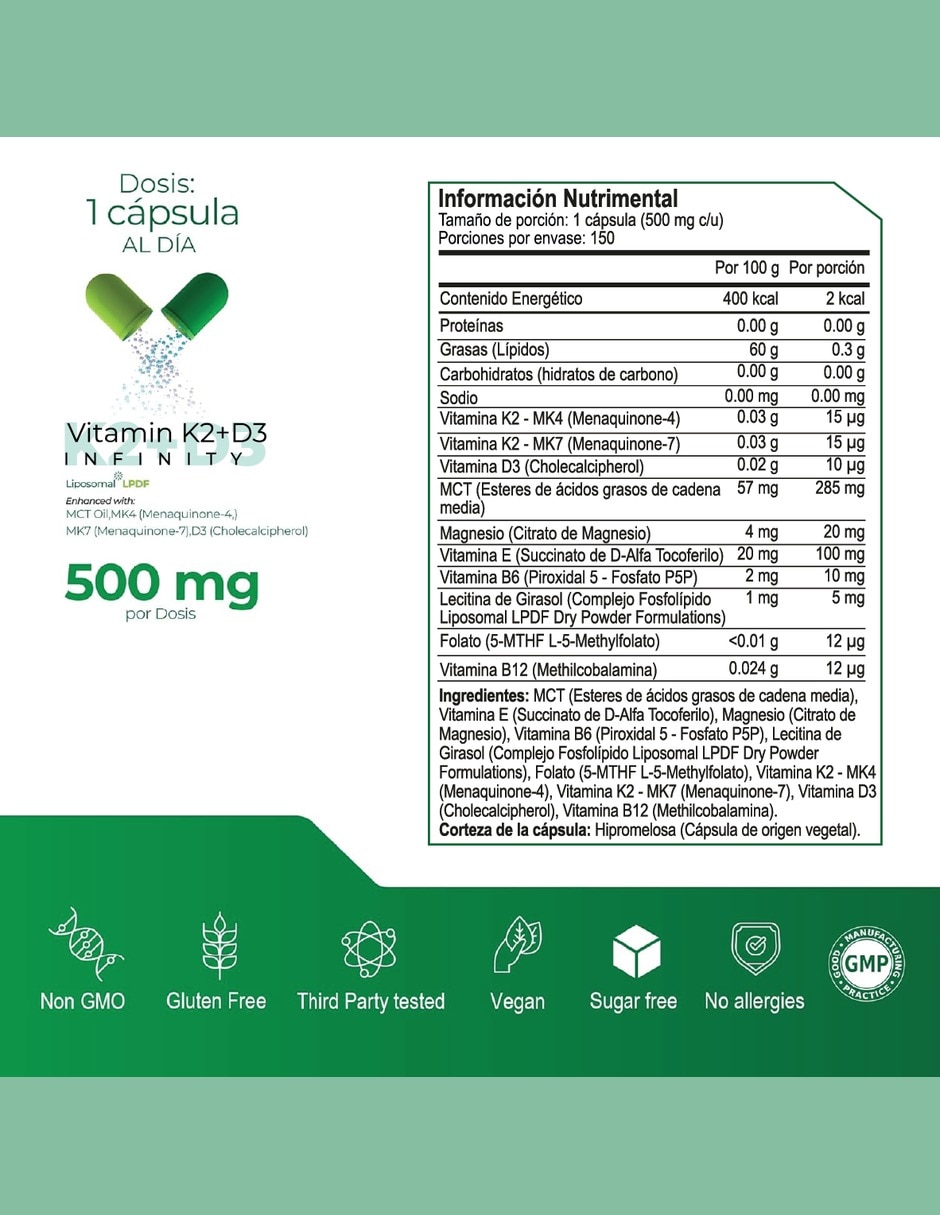 Vitamina D3 + K2 Liposomal con MK7 y MK4 Salud Ósea con vitamina K2 vitamina D3 vitamina E vitamina B6 vitamina B12 folato magnesio MCT lecitina de girasol