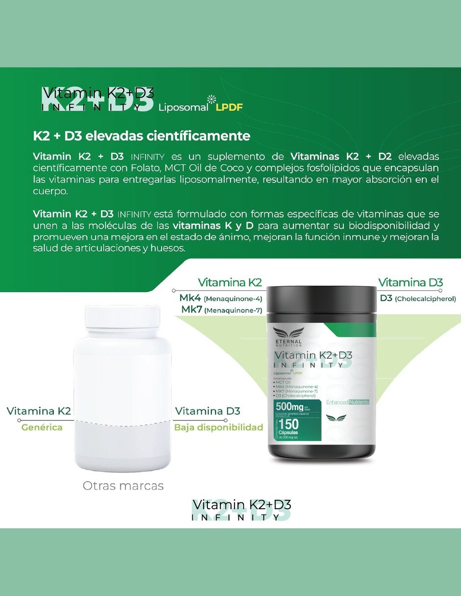 Vitamina D3 + K2 Liposomal con MK7 y MK4 Salud Ósea con vitamina K2 vitamina D3 vitamina E vitamina B6 vitamina B12 folato magnesio MCT lecitina de girasol 9