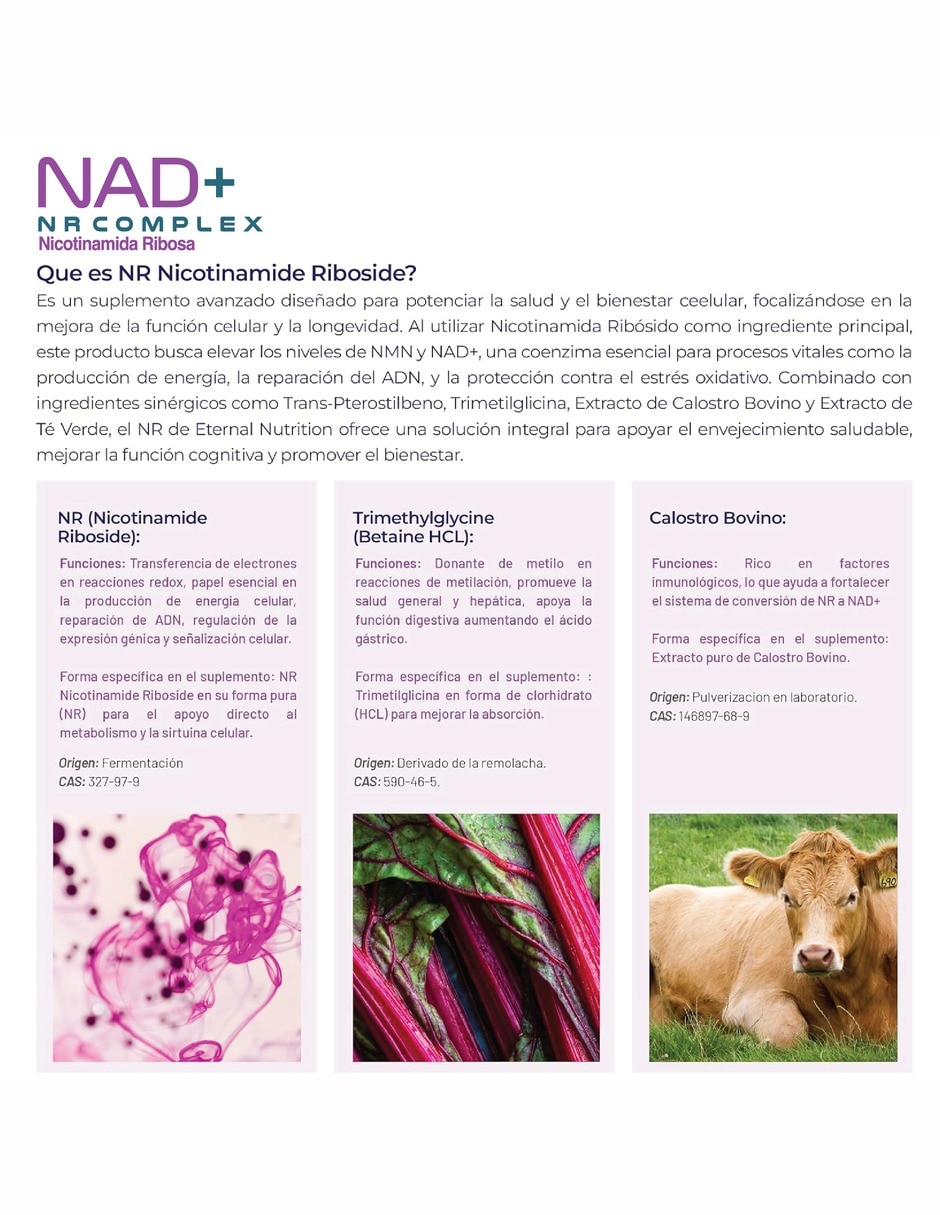 NAD+ NR Complex con calostro bovino té verde trans-pterostilbeno TMG sabor de 200 cápsulas