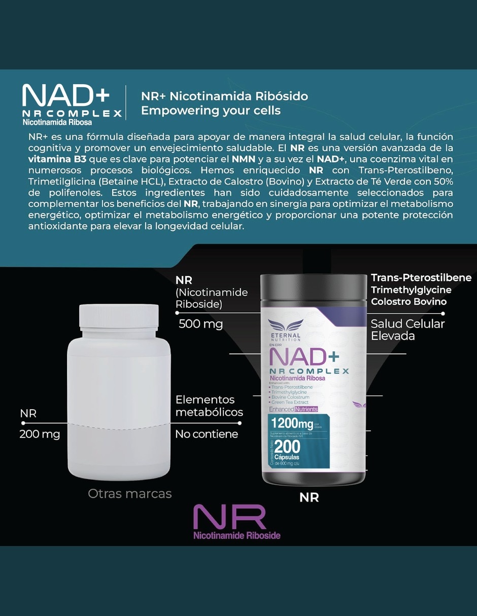 NAD+ NR Complex con calostro bovino té verde trans-pterostilbeno TMG sabor de 200 cápsulas 7