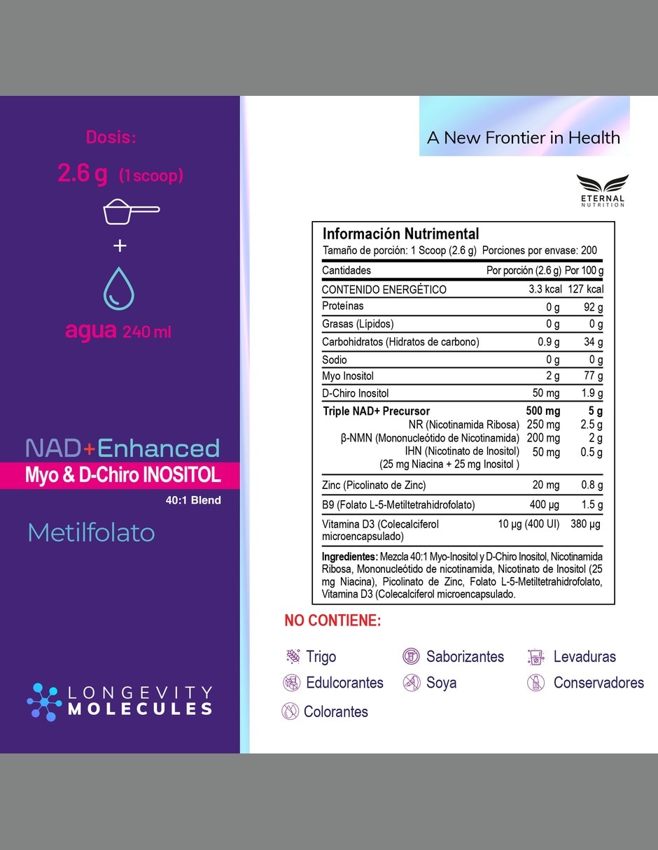 Inositol 40:1 Myo y D-Chiro en Polvo con NR y NMN 520 g Bienestar Hormonal con Myo-inositol y D-chiro inositol NR NMN IHN zinc folato vitamina D3