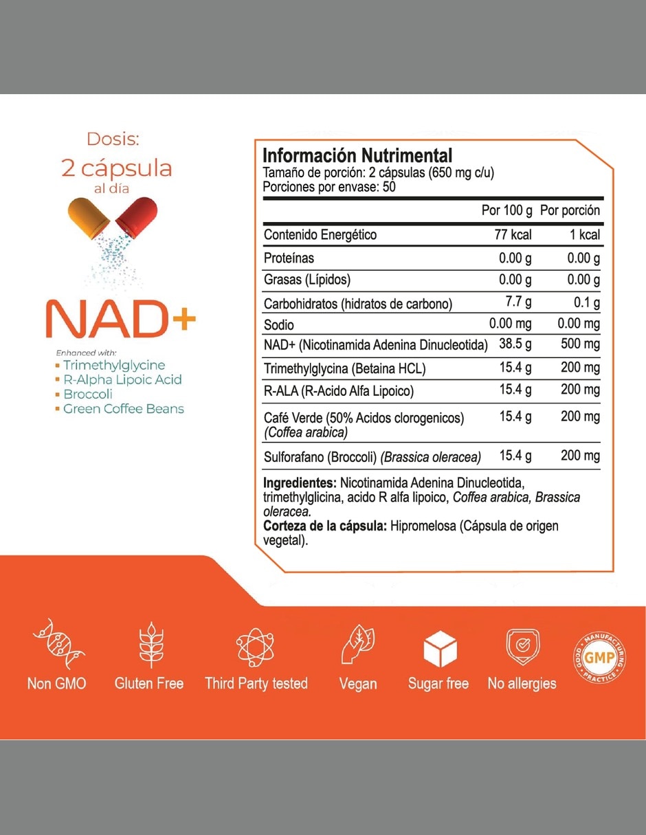 NAD+ Puro con TMG ácido R-alfa lipoico café verde y sulforafano de 100 cápsulas