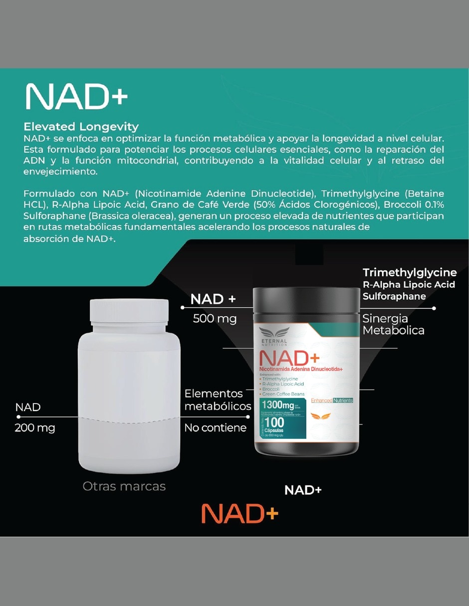 NAD+ Puro con TMG ácido R-alfa lipoico café verde y sulforafano de 100 cápsulas 7